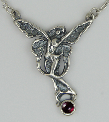 Sterling Silver Victorian Winged Fairy Necklace With Garnet
